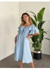 Yakası Gipe Ve Volanlı Astarlı Elbise Mavi