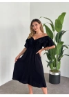 Yakası Gipe Ve Volanlı Astarlı Elbise Siyah
