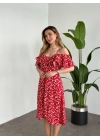 Yırtmaçlı Yakası İki Şekilde Kullanılabilir Pamuklu Viskon Elbise Kırmızı Beyaz Çiçekli