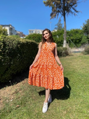 Bisiklet yaka bürümcük kumaş eteği bol kesim elbise-Turuncu