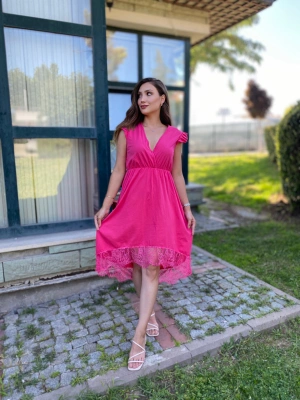 Dekolteli Dantel Detay Elbise-Fusya