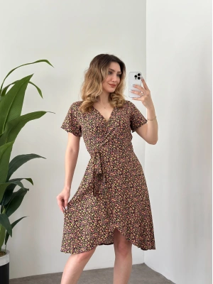 Asimetrik Kesim Önden Bağlamalı Viskon Elbise Siyah Pembe