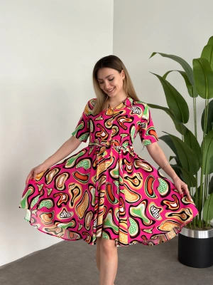 Belinden Kuşaklı Gömlek Yaka Bol Kesim Elbise Pembe Turuncu desenli