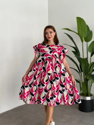 Bol Kesim Poplin Kumaş Mini Elbise Fuşya Beyaz Desenli