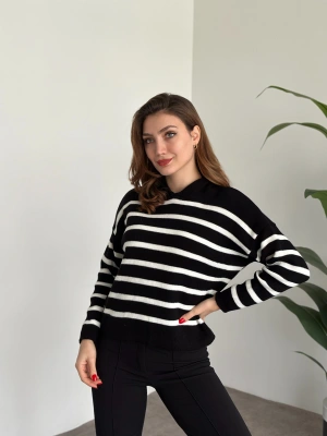 Çizgili kapşonlu Bol Kesim Kazak Siyah