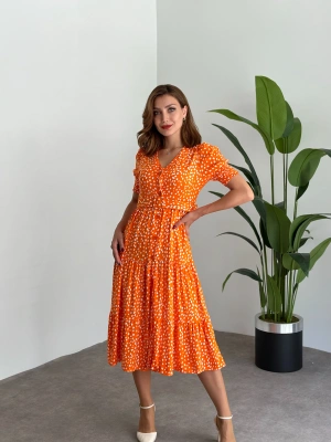 karpuz kol düğmeli v yaka nokta desenli Elbise Turuncu