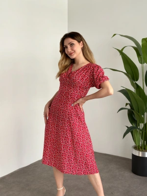 Karpuz Kol Midi Boy Pamuklu Viskon Elbise Kırmızı