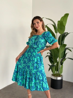 Karpuz Kol Midi Boy Pamuklu Viskon Elbise Mavi