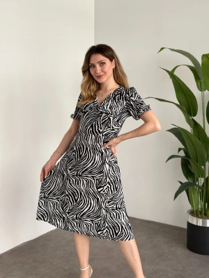 Karpuz Kol Midi Boy Pamuklu Viskon Elbise Zebra