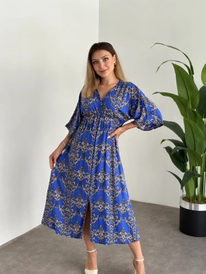 Kruvaze Yaka Yarasa Kol Yırtmaçlı Lastikli Elbise Koyu Mavi