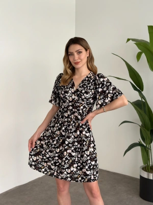 Önü Drapeli Kolları Volanli Pamuklu Viskon Kumaş Elbise Siyah