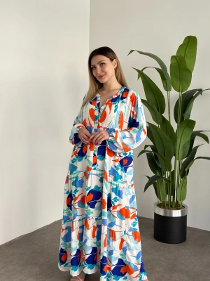 Uzun Boy Dekolte Bol Kesim Pamuklu Viskon Elbise Turuncu Mavili desenli