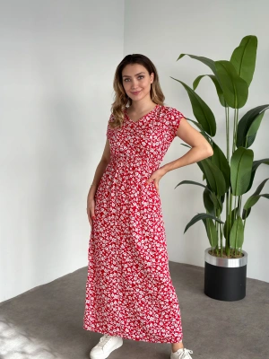 V Yaka beli lastikli Çiçekli Elbise kırmızı