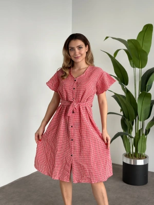 v yaka düğmeli gofre kumaş kırmızı elbise