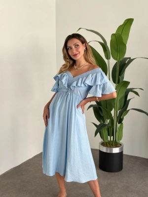 Yakası Gipe Ve Volanlı Astarlı Elbise Mavi