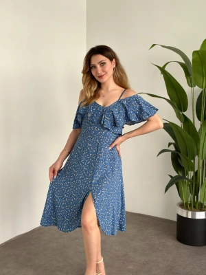 Yırtmaçlı Yakası İki Şekilde Kullanılabilir Pamuklu Viskon Elbise Mavi Küçük Beyaz Çiçekli