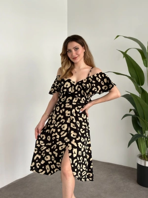 Yırtmaçlı Yakası İki Şekilde Kullanılabilir Pamuklu Viskon Elbise Siyah Yuvarlak Desenli