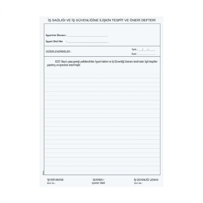 DİLMAN İŞ SAĞLIĞI VE GÜVENLİK TESPİT ÖNERİ DEFTERİ KARTON KAPAK