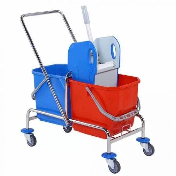Lüks Krom Kaplama Çift Kovalı Temizlik Arabası