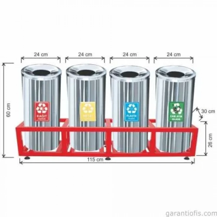 Garanti Metal 1812 Kafesli Paslanmaz Çelik 4 lü Geri Dönüşüm Çöp Kovası