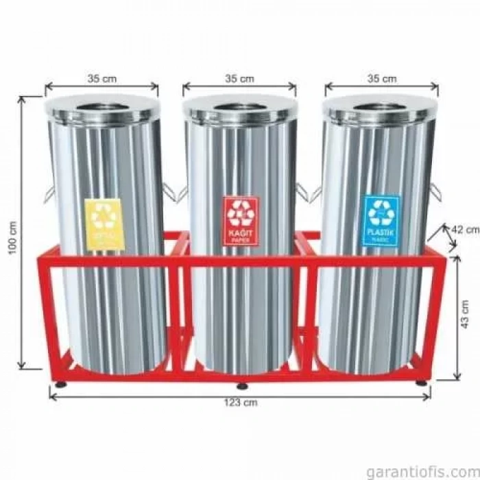 Garanti Metal 1811 Kafesli Paslanmaz Çelik 3 lü Geri Dönüşüm Çöp Kovası