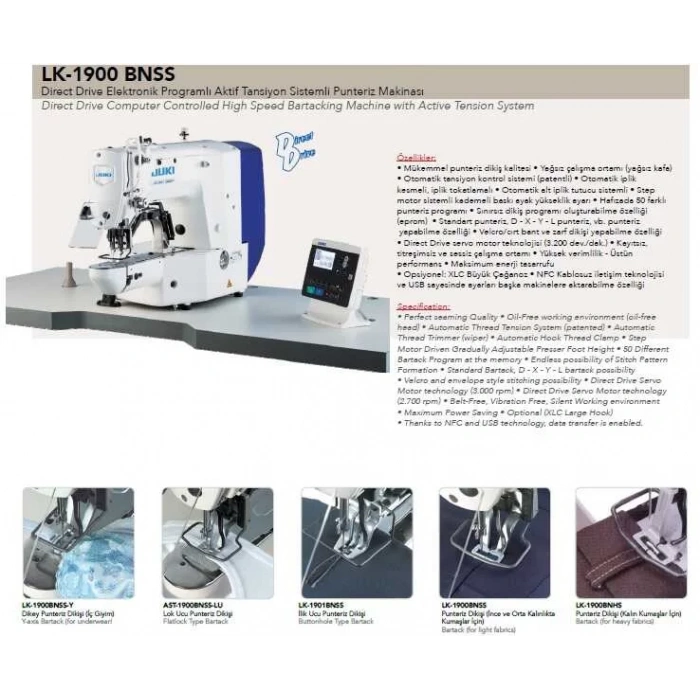Juki LK-1900BNSS Direct Drive Elektronik Programlı Aktif Tansiyon Sistemli Punteriz Makinası