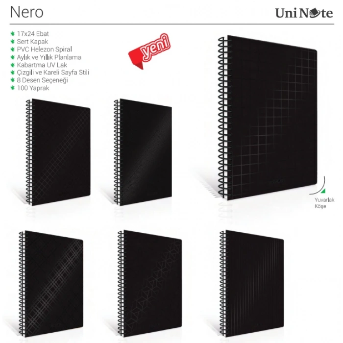 ÇINAR NERO SPİRALLİ SERT KAPAK DEFTER 17x24 KARELİ 100 YAPRAK (55215)