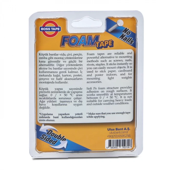 BOSS TAPE 2718 ÇİFT TARAFLI KÖPÜK BANT 19mmx2m (HAFİF AĞIRLIK 5kg)