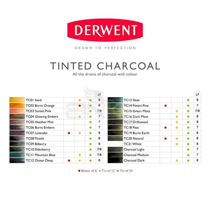 Derwent Tinted Charcoal Sulandırılabilen Renkli Füzen Kalem 6lı Set