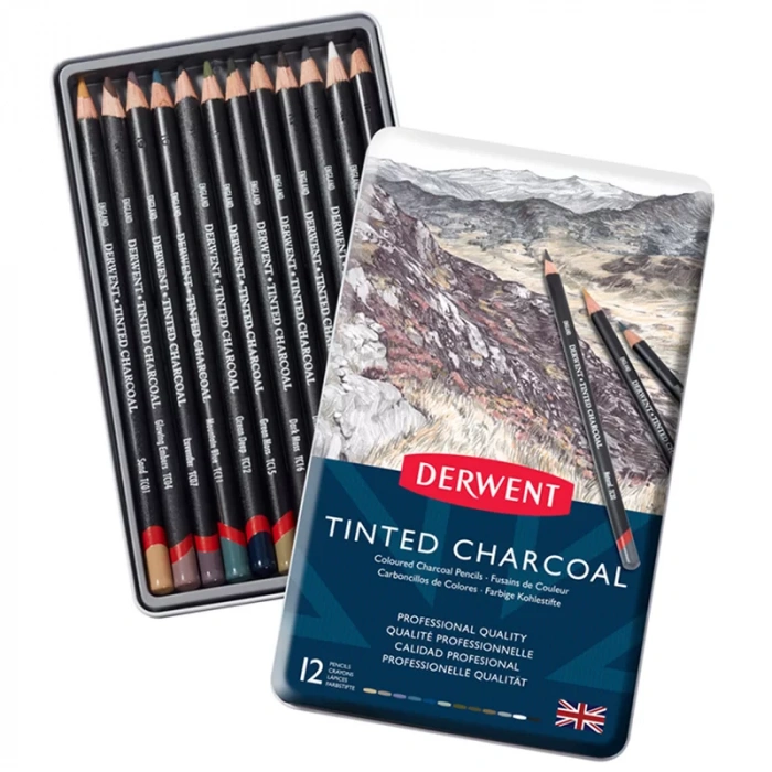 Derwent Tinted Charcoal Sulandırılabilen Renkli Füzen Kalem 12li Set