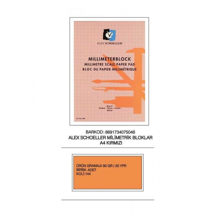 Alex Schoeller Millimetrik Blok A4 20 Yaprak 80 gr Kırmızı