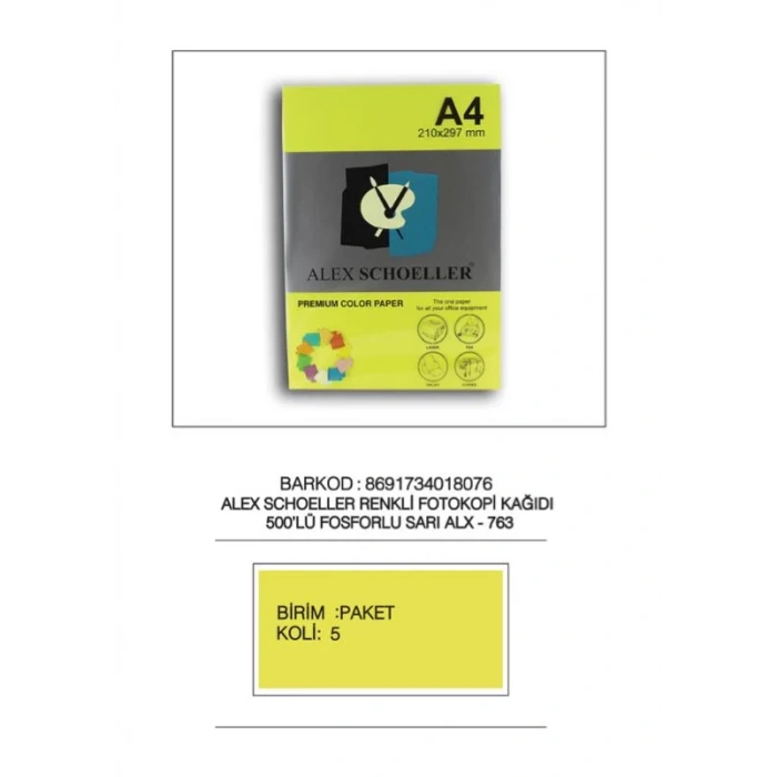 ALEX A4 FOSFORLU SARI FOTOKOPİ .KAĞIDI 500 LÜ ALX-763