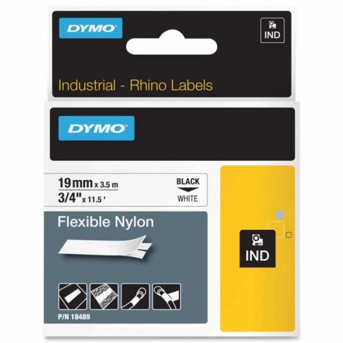 DYMO RhinoPRO 18489 Beyaz/Siyah Esnek Naylon Şerit 19 mm x 3,5 mt