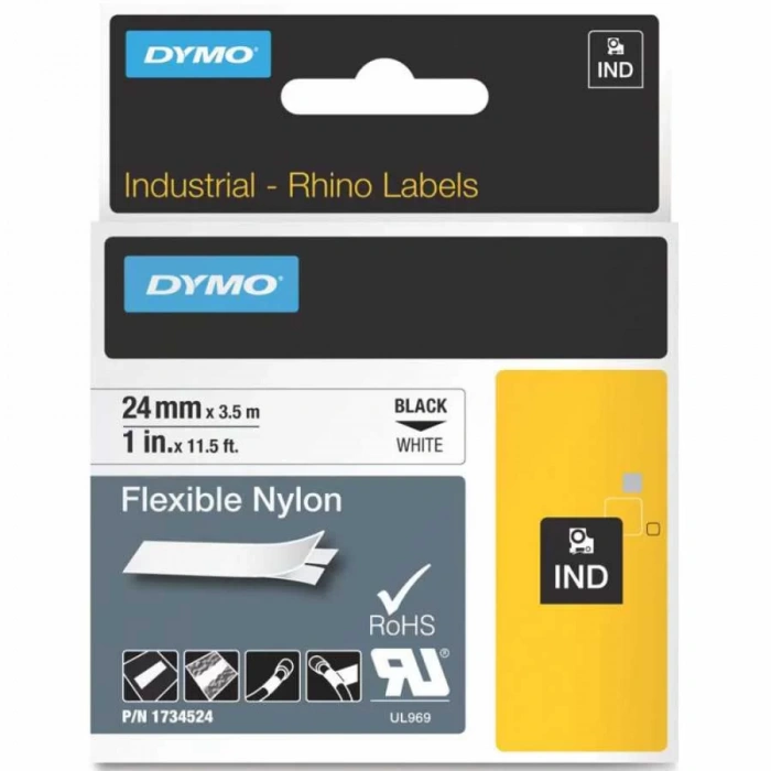 DYMO RhinoPRO 1734524 Beyaz/Siyah Esnek Naylon Şerit 24 mm x 3,5 mt