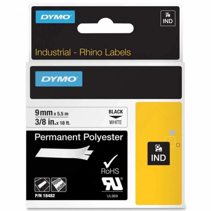 DYMO RhinoPRO 18482 Beyaz/Siyah Sabit Polyester Şerit 9 mm x 5,5 mt
