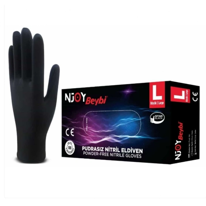 Beybi Pudrasız Siyah Nitril Medikal Muayene Eldiveni ( L ) 100 Adet