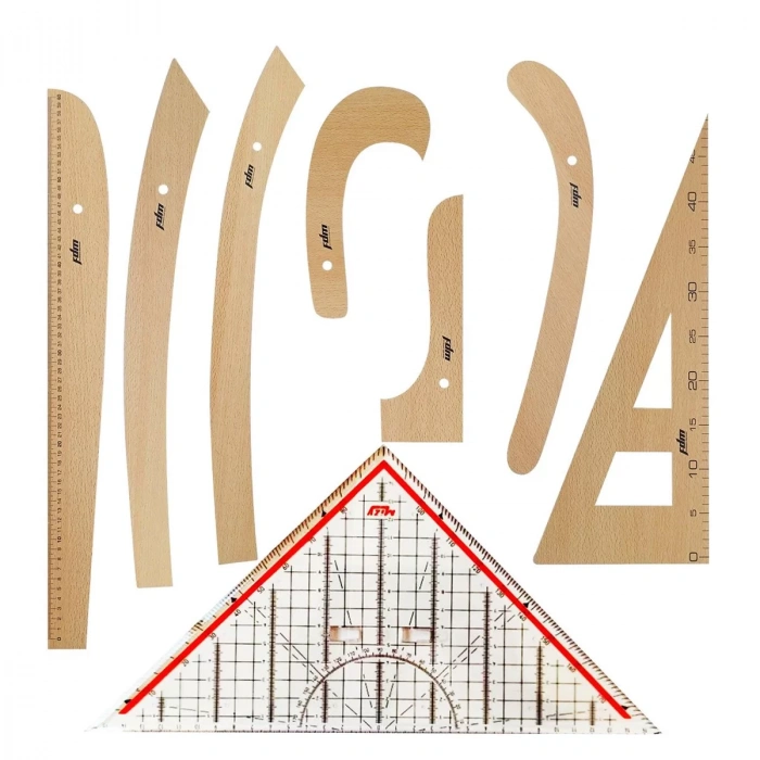 FDM 8 Parça Set - 7 Parça Ahşap Riga Seti ve Modelist Gönyesi - Riga Takımı -Dikiş Seti Cetvel
