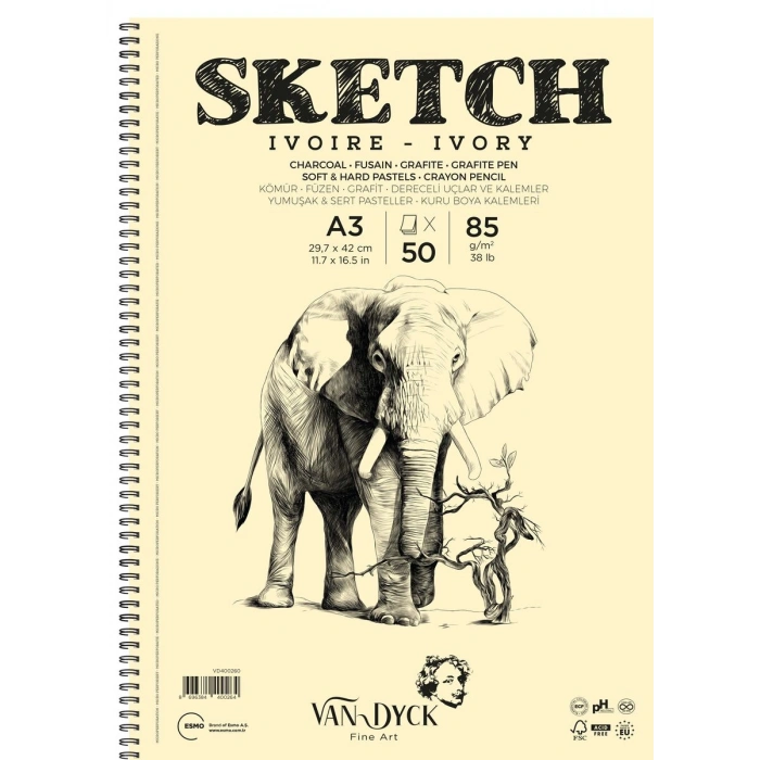 Van Dyck Sketch Ivory(Fildişi) Eskiz Çizim Defteri Yandan Spiralli 85 gr. A3 50 yp.
