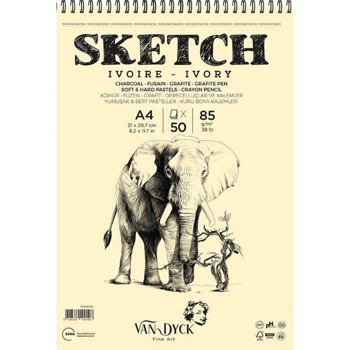 Van Dyck Sketch Ivory(Fildişi) Eskiz Çizim Defteri Üstten Spiralli 85 gr. A4 50 yp.