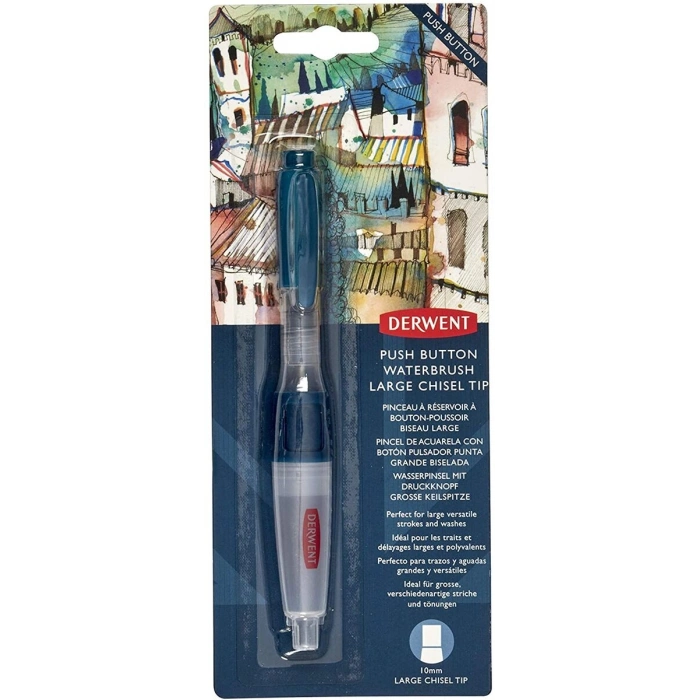 Derwent Push Button Waterbrush Akış Kontrollü Su Hazneli Sulu Boya Fırçası Chisel Tip (Düz Kesik Uç)