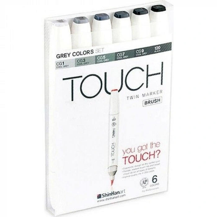 Touch Twin Brush Marker Fırça Uçlu Marker Seti 6 Renk GRİ TONLARI