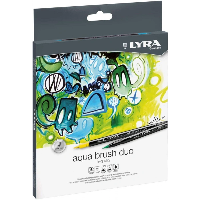 Lyra Aqua Brush Duo Çift Taraflı Fırça Uçlu Çizim Kalemi Seti 12 Renk