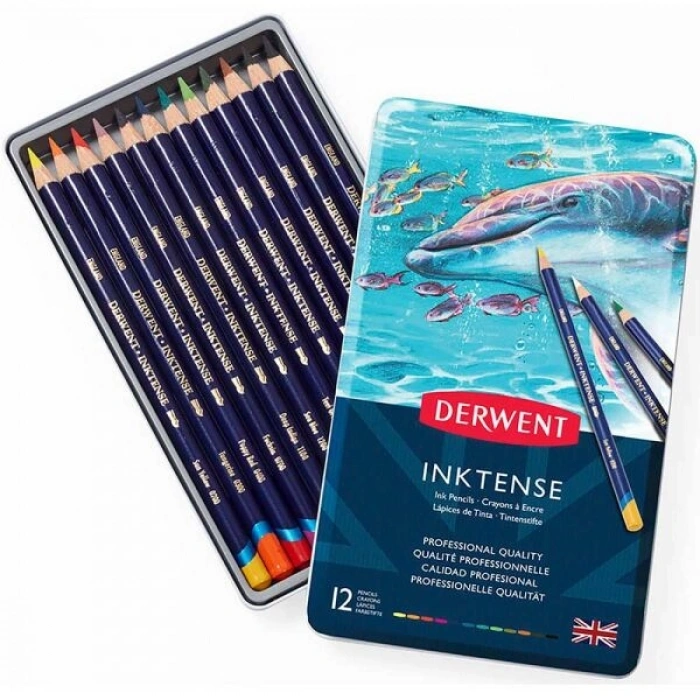 Derwent Inktense Mürekkep Etkili Aquarell Boya Kalemi Seti 12li Teneke Kutu