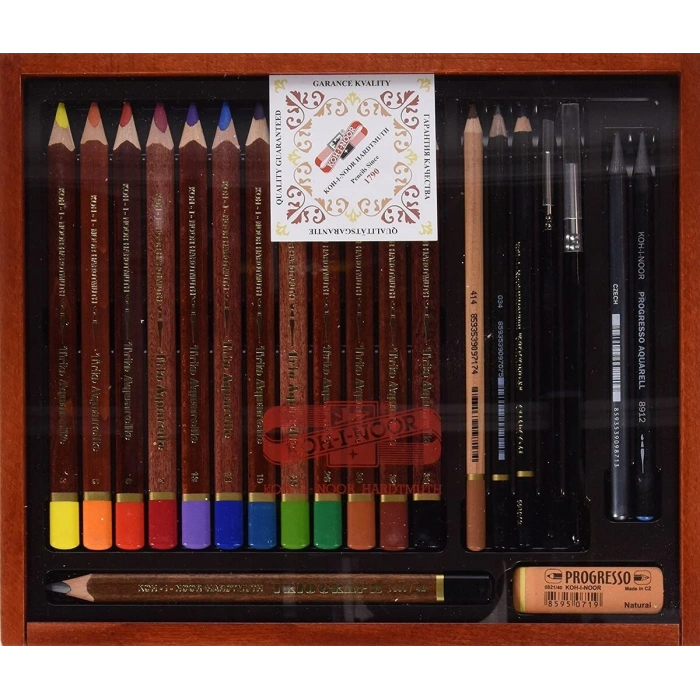 Koh-i Noor TrioAquarelle Kalın Aquarel Boya ve Eskiz Seti 21 Parça Ahşap Kutulu