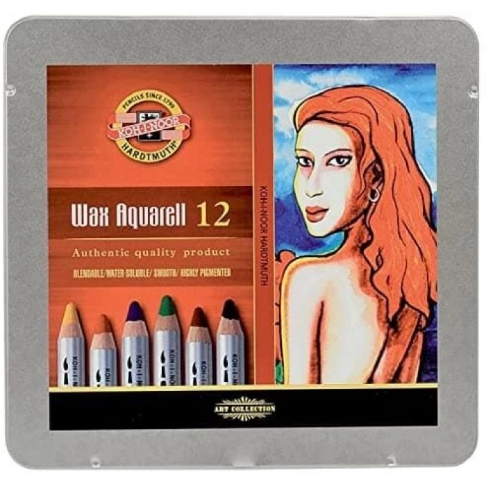 Koh-i Noor Wax Aquarell Balmumu Kalın Boya Kalemi Seti 12 Renk Metal Kutu