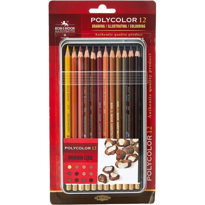 Koh-i Noor Polycolor Artist Kuru Boya Kalemi Seti 12 Renk KAHVERENGİ TONLAR Metal Kutu