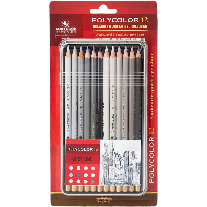 Koh-i Noor Polycolor Artist Kuru Boya Kalemi Seti 12 Renk GRİ TONLAR Metal Kutu