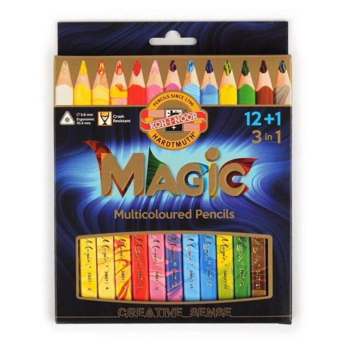 Koh-i Noor Magic Multicolour Karışık Renkli (3in1) Kalın Kuru Boya Kalemi Seti 12+1 Renk