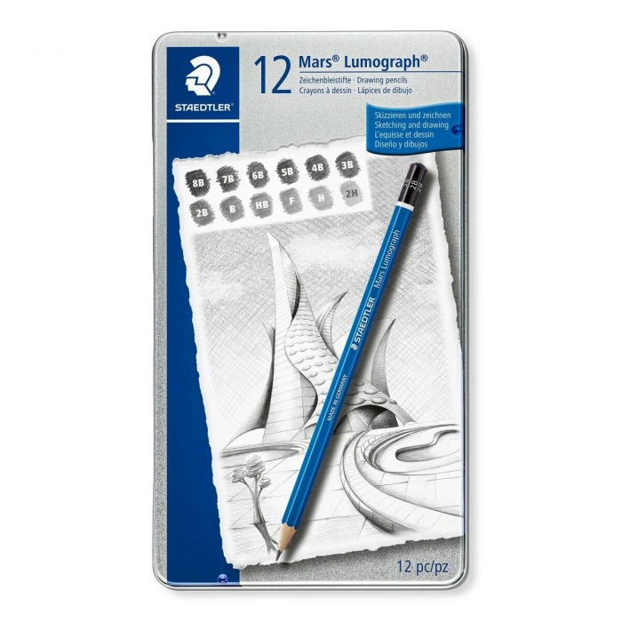 Staedtler Mars Lumograph Dereceli Kalem Karakalem Eskiz Çizim Seti 12li Metal Kutu (8B-2H)