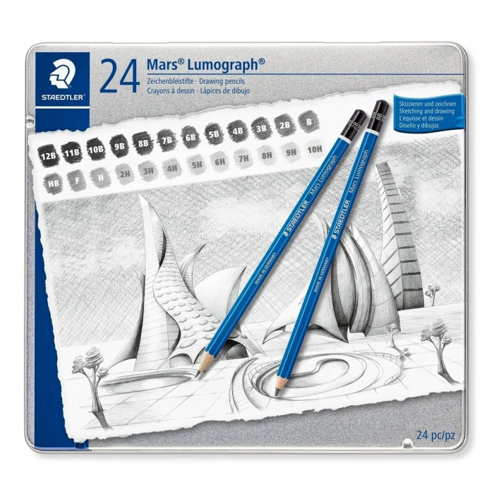 Staedtler Mars Lumograph Dereceli Kalem Karakalem Eskiz Çizim Seti 20li Metal Kutu (9B-9H)